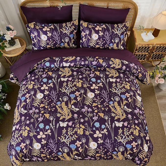 Yiran Purple Floral Comforter Set King Size, 7 Piece Botanical Comforter - Image 3