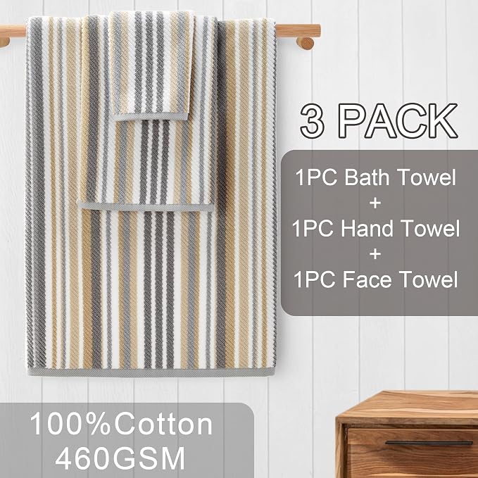 Cotton Towels Set of 3, 1 Absorbent Hand 16"x27", 1 Lightweight Washcloth - Image 3