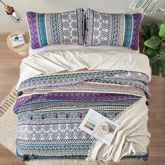 WONGS BEDDING Boho Quilt Set Queen Size, Lightweight Bedspread Coverlet Bedding - Image 3