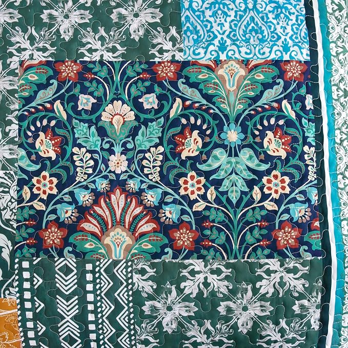 WONGS BEDDING Green Quilt Set Queen Size, 3 Pieces Boho Patchwork Quilt - Image 5