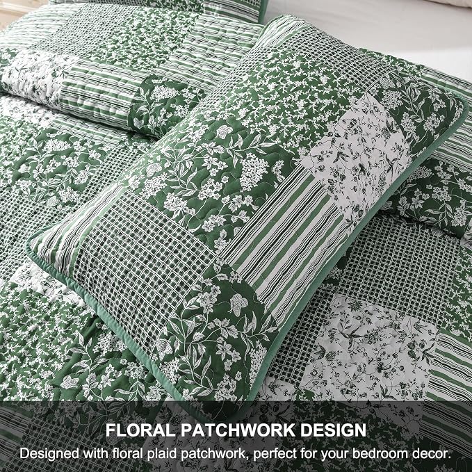 Mybedsoul Sage Green Boho King Quilt Set, 3-Piece Reversible Soft Plaid Floral - Image 7