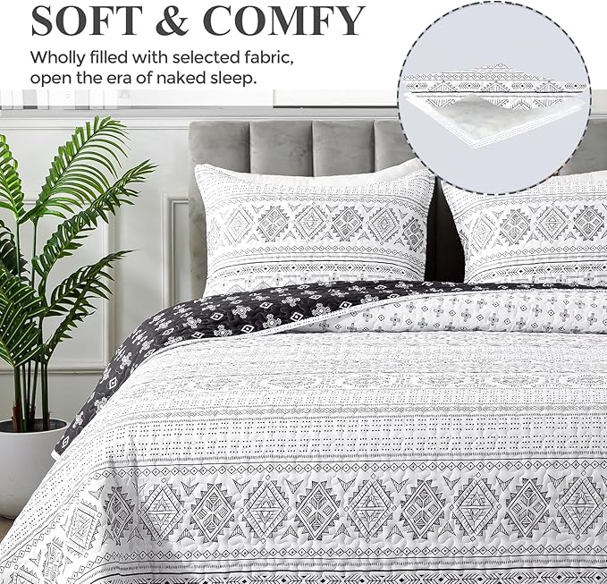Andency Black White California King Quilt Set, 3 Pieces Boho Lightweight Soft - Image 3