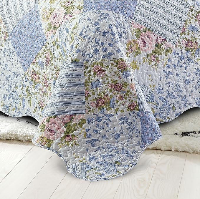 Brilliant Sunshine Blue Rose Patchwork, 3-Piece Quilt Set - Image 4