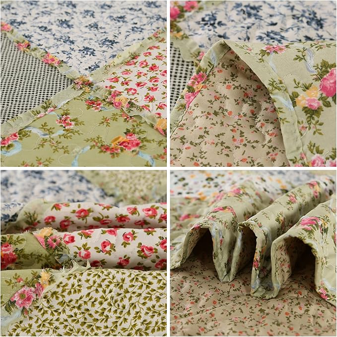 VIVILINEN Full Queen Size Green Patchwork Quilt Set Reversible Quilted - Image 8
