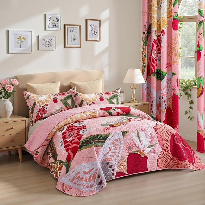 Tyrot 3 Piece Pink Boho Floral Full/Queen Quilt Sets Farmhouse Botanical - Image 2