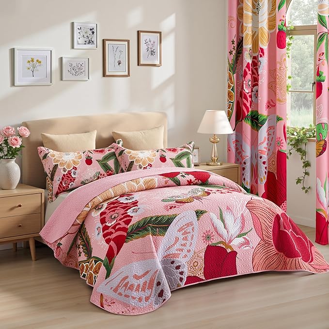 Tyrot 3 Piece Pink Boho Floral Californial King Quilt Sets Farmhouse Botanical - Image 2