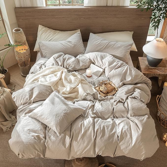 MooMee Wavy Striped Duvet Cover Set 100% Washed Cotton Linen Like Textured - Image 5