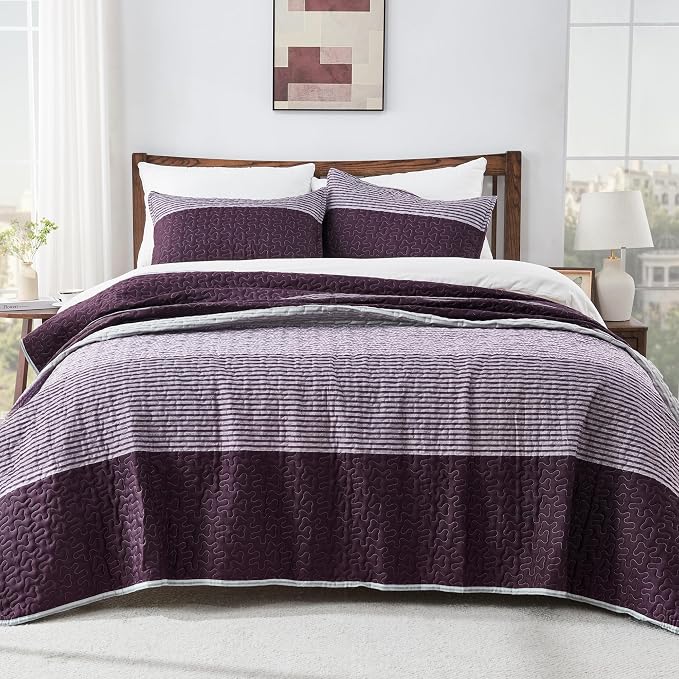 Andency Striped Quilt Set King, 3 Pieces Purple and Grey Striped Bedspread - Image 8
