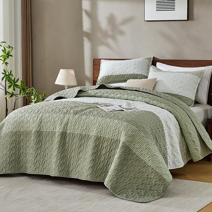 Andency King Size Quilt Set Weat Green, 3 Pieces Summer Ultra Soft Lightweight by Andency