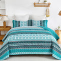 WONGS BEDDING Boho Quilt Set King Size, Teal 3 Pieces Bohemian Striped by WONGSBEDDING