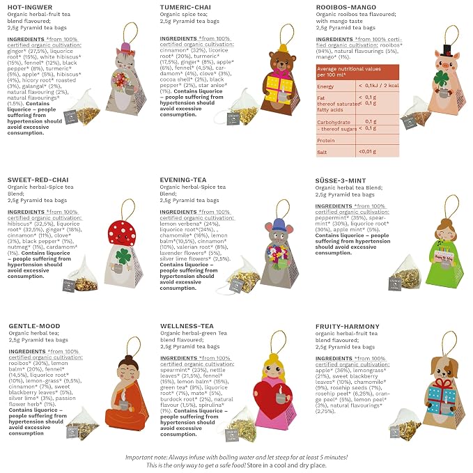 Creano Organic Herbal Tea Gift Set ‘Tea Lovers’ – 9 pyramid tea bags in 9 cute - Image 4