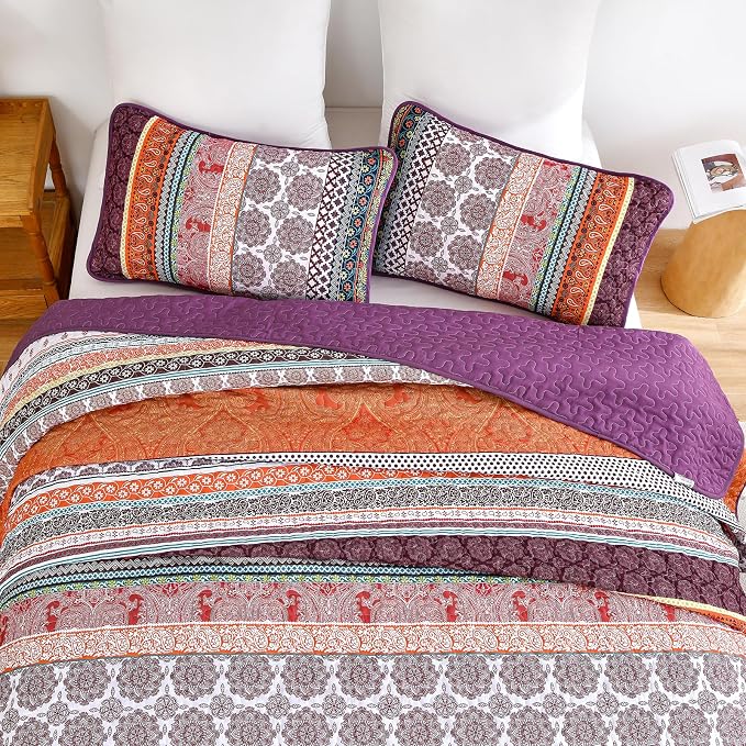 WONGS BEDDING Boho Quilt Set King Size, Lightweight Soft Microfiber Bedding Set - Image 6