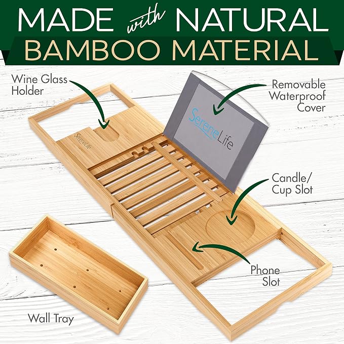 SereneLife Premium Bathtub Tray Caddy, Expandable Bath Tray, Unique House - Image 4
