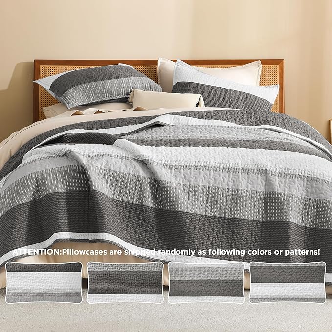Litanika Quilt King Size Dark Grey, Stripe Patchwork Summer Bedspread Coverlet - Image 5