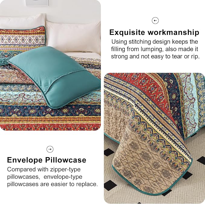 WONGS BEDDING Boho King Quilt Set, Lightweight Microfiber Bed Decor Bedspread - Image 7