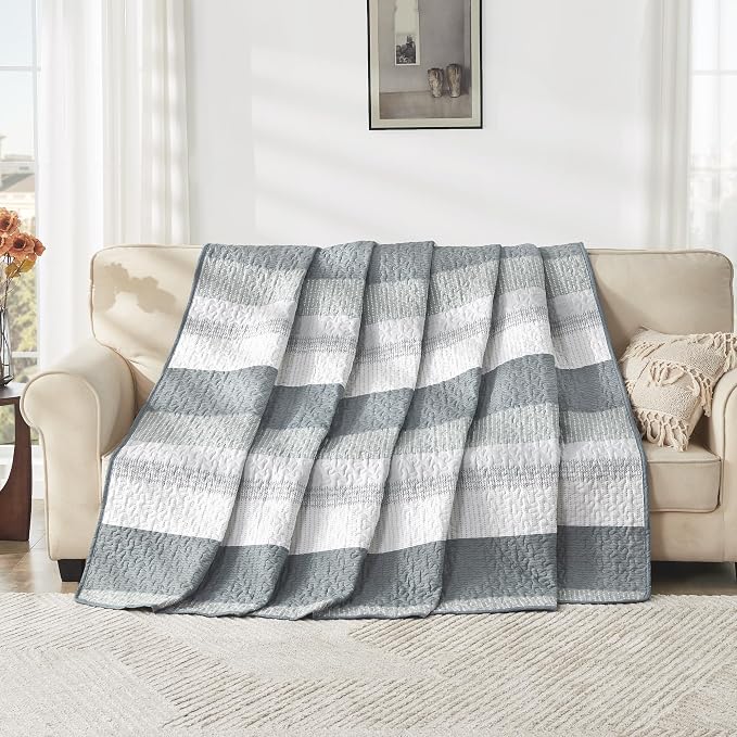 Andency Grey Striped Quilt Queen, 3 Pieces Patchwork Bedspread Coverlet Set - Image 9