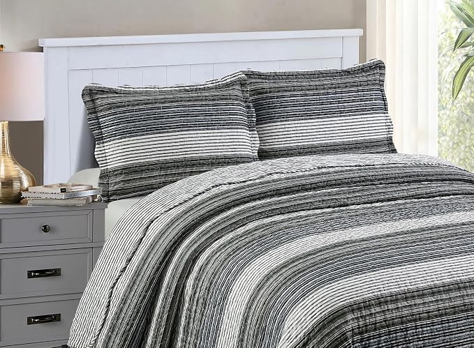 Brilliant Sunshine Multi Grey Stripes Patchwork, 3-Piece Quilt Set - Image 3