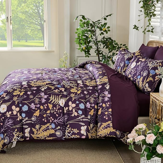 Yiran Purple Floral Comforter Set King Size, 7 Piece Botanical Comforter - Image 6