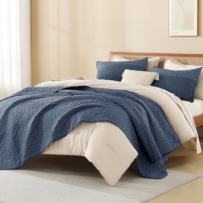 Litanika Oversized Queen Quilt Set Sapphire Blue, 98x98 Stripe Bedspread - Image 4