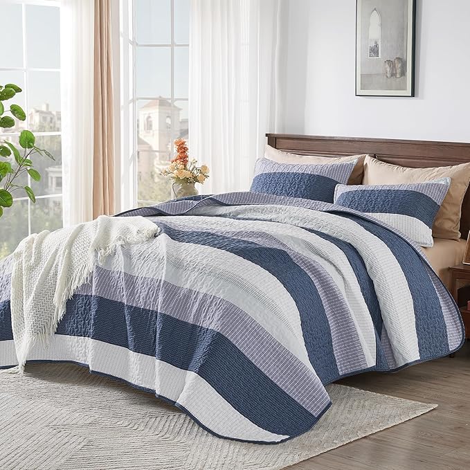 Andency Oversized King Quilt Bedding Set, 120x98Inch Mineral Blue Stripe - Image 2