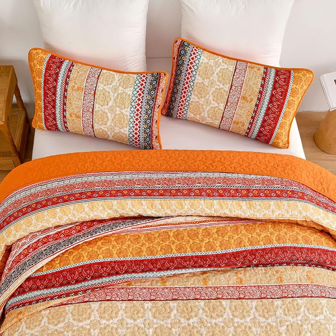WONGS BEDDING Boho Stripe Quilt Set Queen Size, 3 Pieces Orange Bohemian Quilt - Image 6