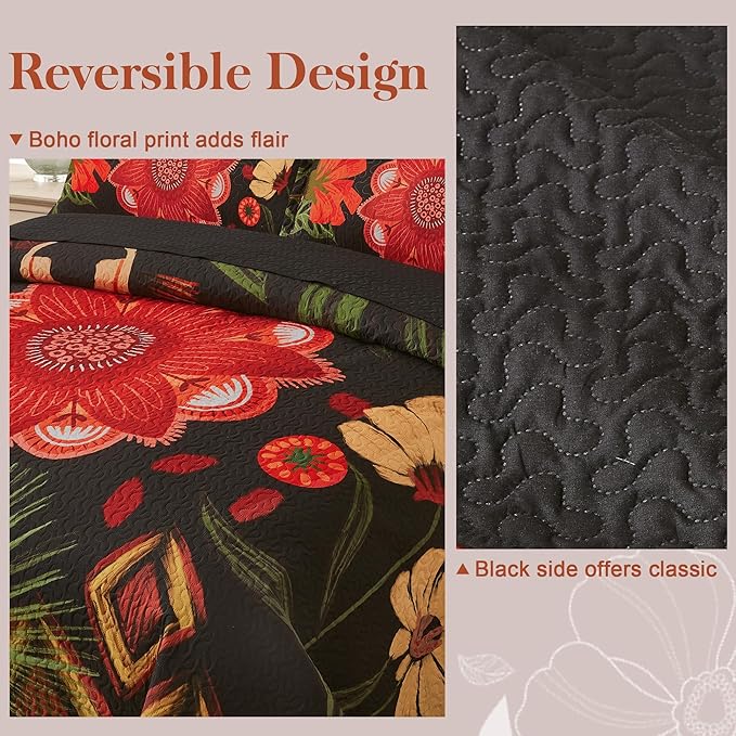 Tyrot 3 Piece Black Red Boho Floral Quilt Sets King Size Farmhouse Reversible - Image 3