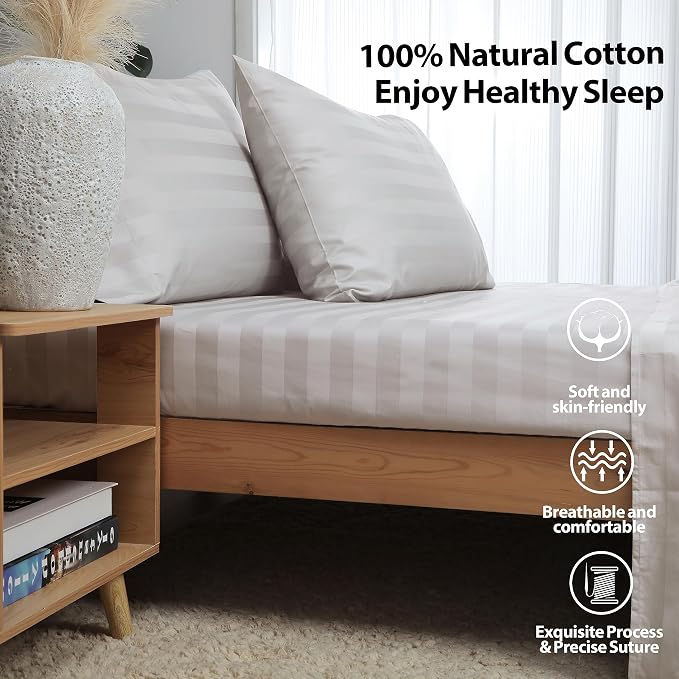 Queen Size Striped Fitted Sheet Only Light Beige Color, 100% Egyptian Cotton - Image 3