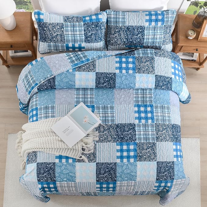 Xruibed Blue Quilt Set King Size 3 Pieces Plaid Floral Boho Bedspread Coverlet - Image 4