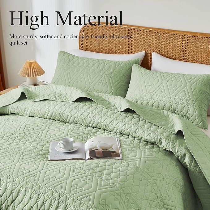 akkialla Twin Size Quilt Bedding Set, Sage Green Lightweight Microfiber Soft - Image 3