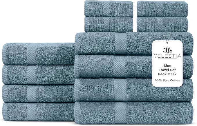 100% Cotton Bath Towel Set of 12-4 Bath Towels, 4 Hand Towels, 4 Wash Cloths by VillaCelestia
