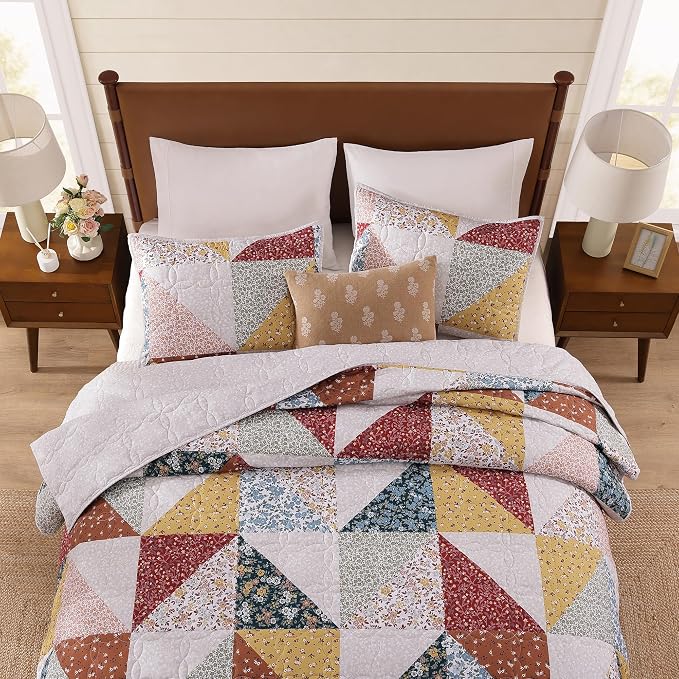 BLOOMHAVEN Quilt Set King Size, Patchwork Burnt Orange Floral Quilt Sets - Image 7
