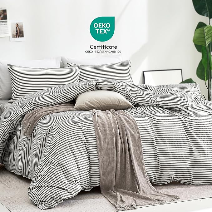 JELLYMONI 100% Natural Cotton 3pcs Striped Duvet Cover Sets, - Image 2
