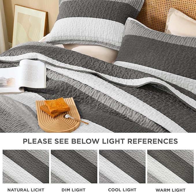 Litanika Oversized King Quilt Set Dark Grey, 128x120 Stripe Bedspread Coverlet - Image 7