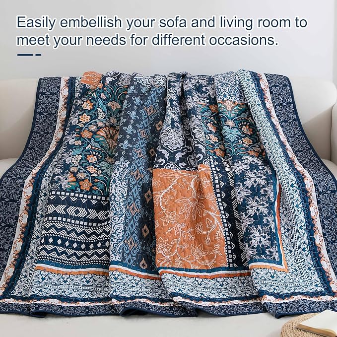 WONGS BEDDING Navy Blue Quilt Set Full Size, Bohemian Patchwork Bedspread - Image 6