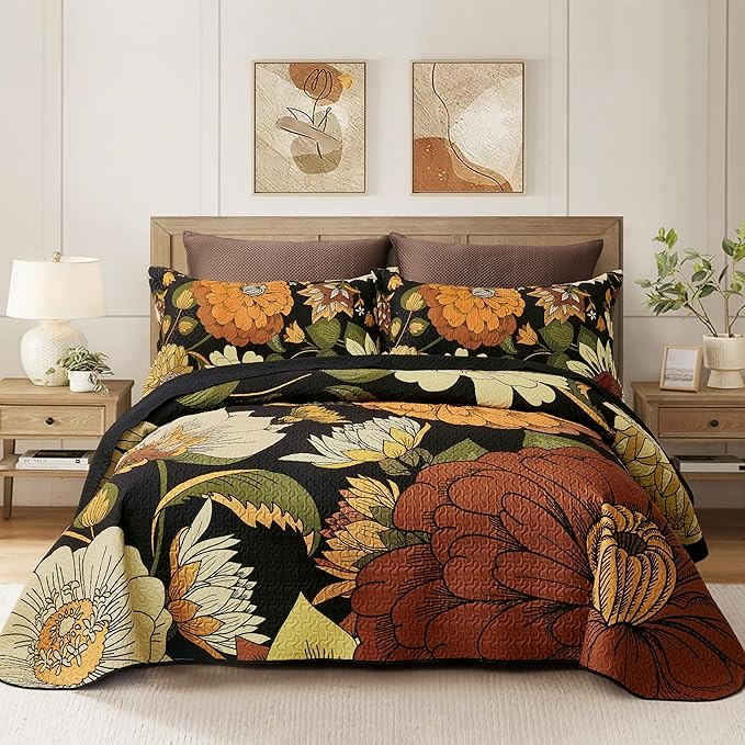 Tyrot 3 Piece Black Boho Floral Californial King Size Quilt Sets Reversible by TyrotHomeDecor