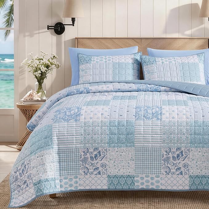 BLOOMHAVEN Quilt Set Twin Size, Patchwork Sea Blue Floral Quilt Sets, by BLOOMHAVEN