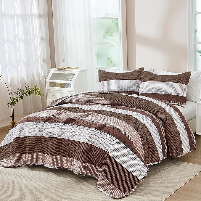 Andency Queen Quilt Bedding Set Brown, 3 Pieces Patchwork Coffee Striped Ultra - Image 6