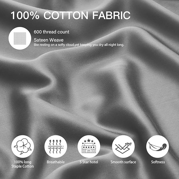 100% Cotton King Pillowcases Set of 2, Deep Dream 600 Thread Count Pillow Cases - Image 2