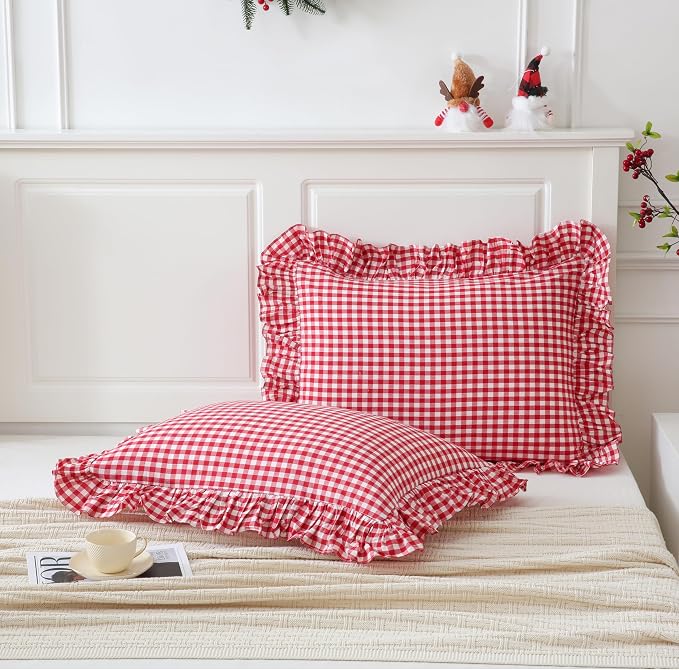 2 Pack Red/White Gingham Pillowcase 20x26 inches 100% Washed Cotton Ruffled - Image 2