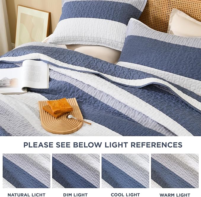 Litanika Quilt Queen Size Mineral Blue, Stripe Patchwork Summer Bedspread - Image 7