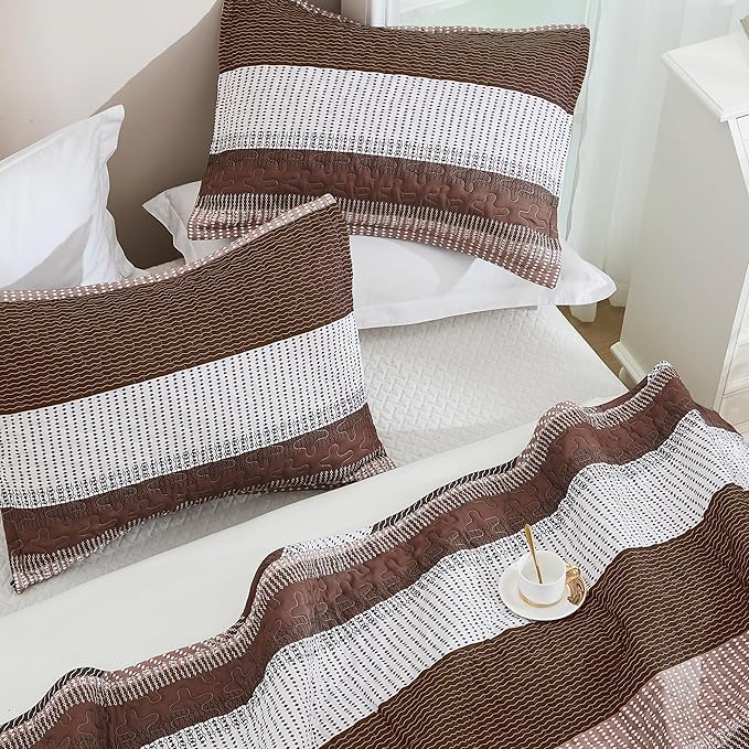 Andency Queen Quilt Bedding Set Brown, 3 Pieces Patchwork Coffee Striped Ultra - Image 3