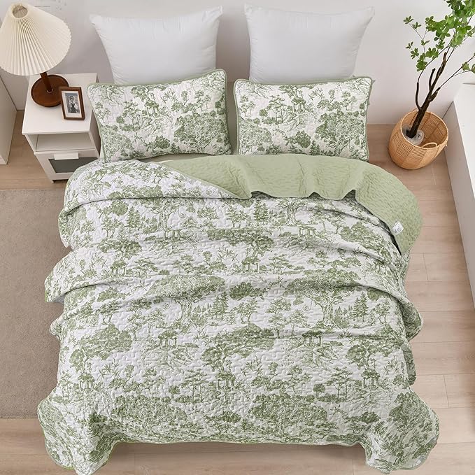 WONGS BEDDING Botanical Quilt Set Twin Size, Sage Green 3 Pieces Toile Floral - Image 3