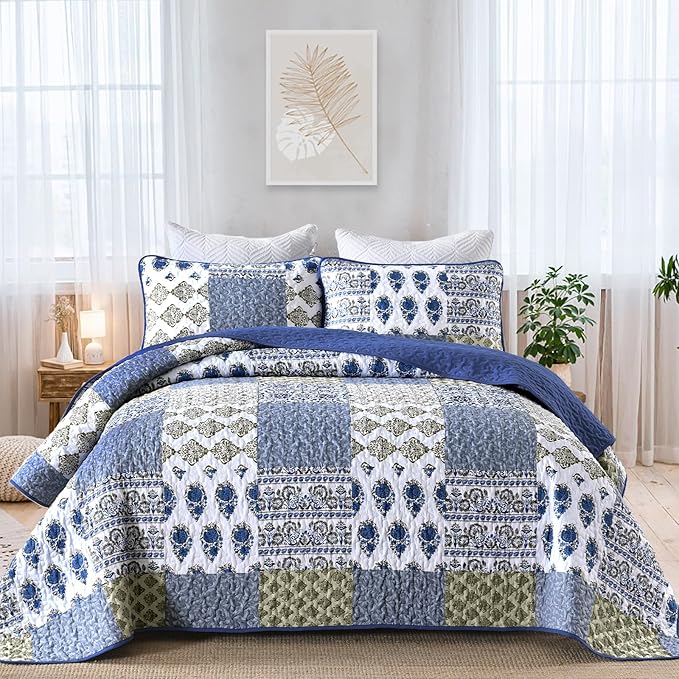 Mybedsoul Blue Quilt Set King Size 3 Pieces Boho Plaid Aqua Blue Floral by Mybedsoul