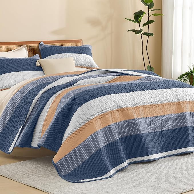 Litanika Quilt Queen Size BlueO, Stripe Patchwork Summer Bedspread Coverlet 3 by Litanika