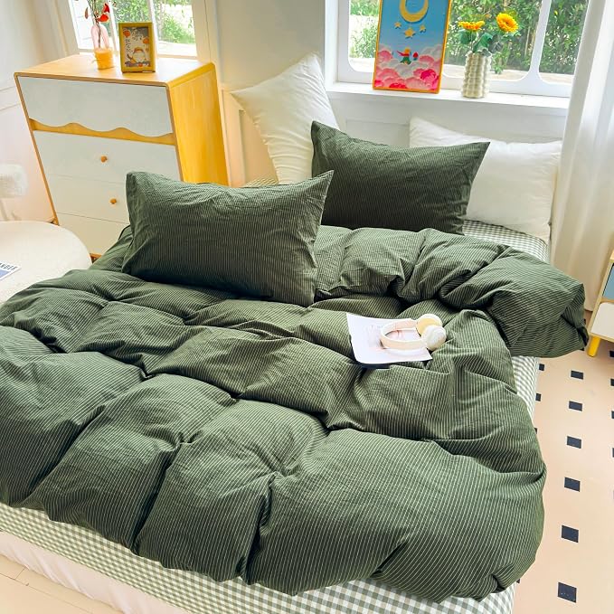 PinkMemory Green Striped Duvet Cover Queen 100% Washed Cotton Olive Green - Image 3