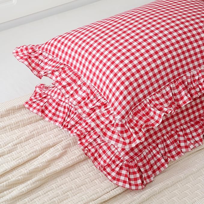 2 Pack Red/White Gingham Pillowcase 20x26 inches 100% Washed Cotton Ruffled - Image 4