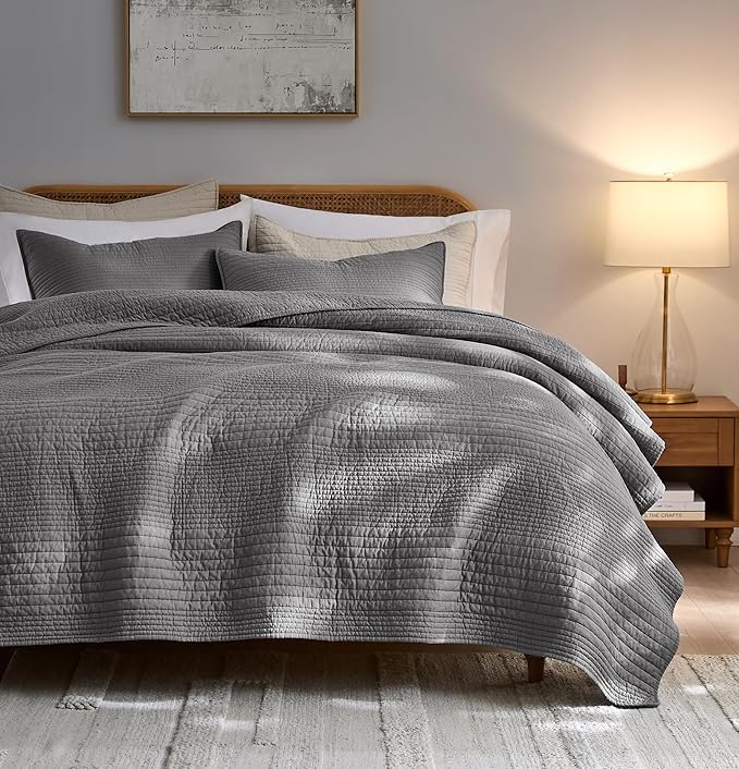 palassio Striped Dark Grey 100% Cotton Quilt Twin Size Bedding Sets, by PALASSIO