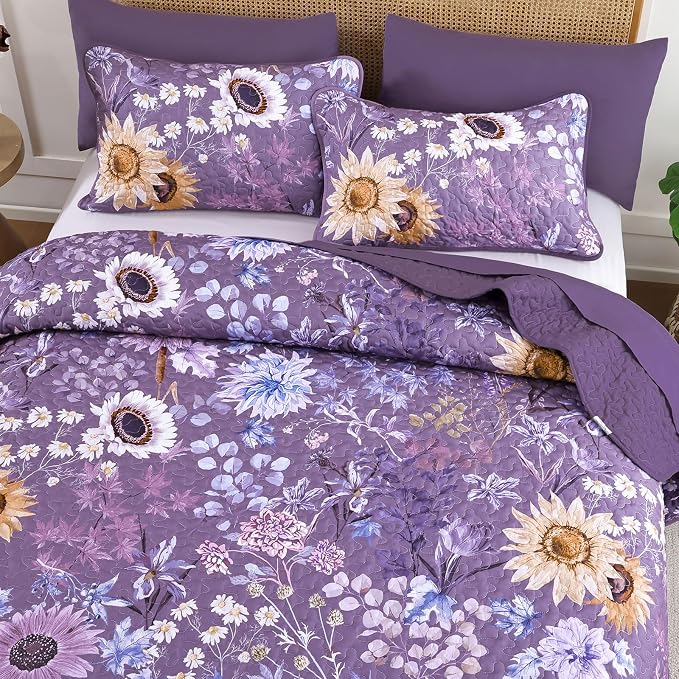 Yiran Purple Quilt Set Queen Size, Floral Bedspreads Bedding Set, 3 Pieces - Image 3