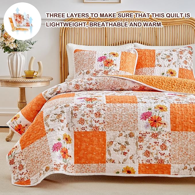 Joyreap 3 Pieces Floral Patchwork Quilt Set Queen, Smooth Soft Microfiber Quilt - Image 3