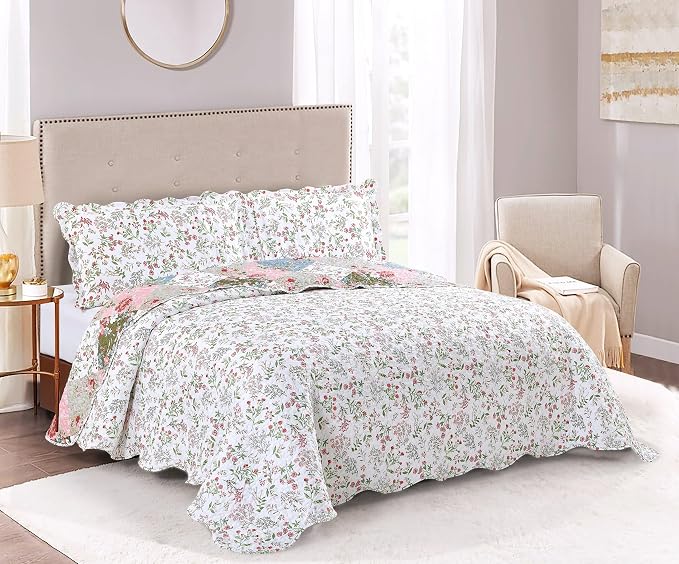 Brilliant Sunshine Peach and Olive Flowers Patchwork, 3-Piece Quilt Set - Image 2